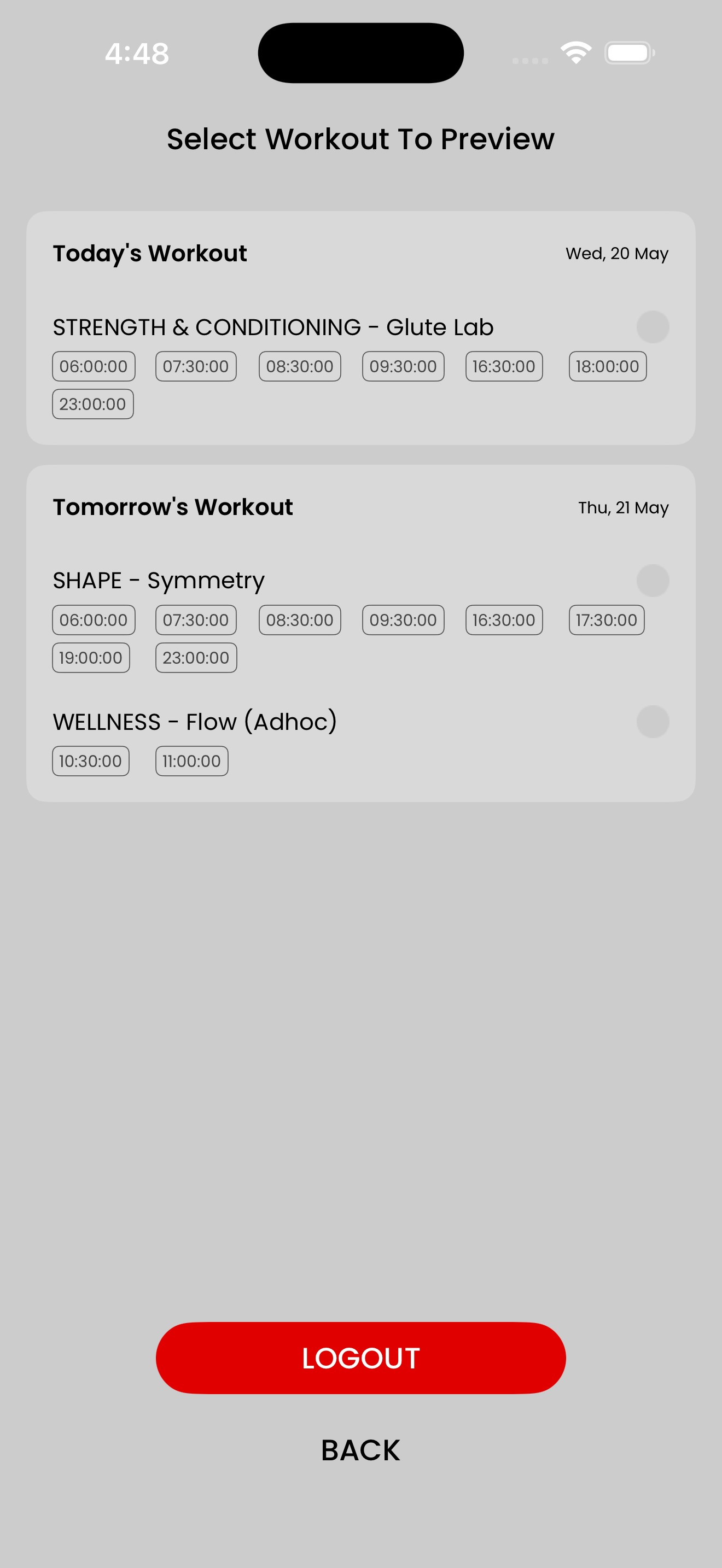 Smart Coach workout timings screen